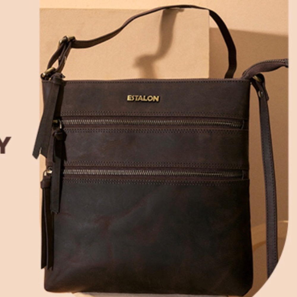 Estalon Brown Leather Crossbody Messenger Bag Purse - Picture 15 of 16